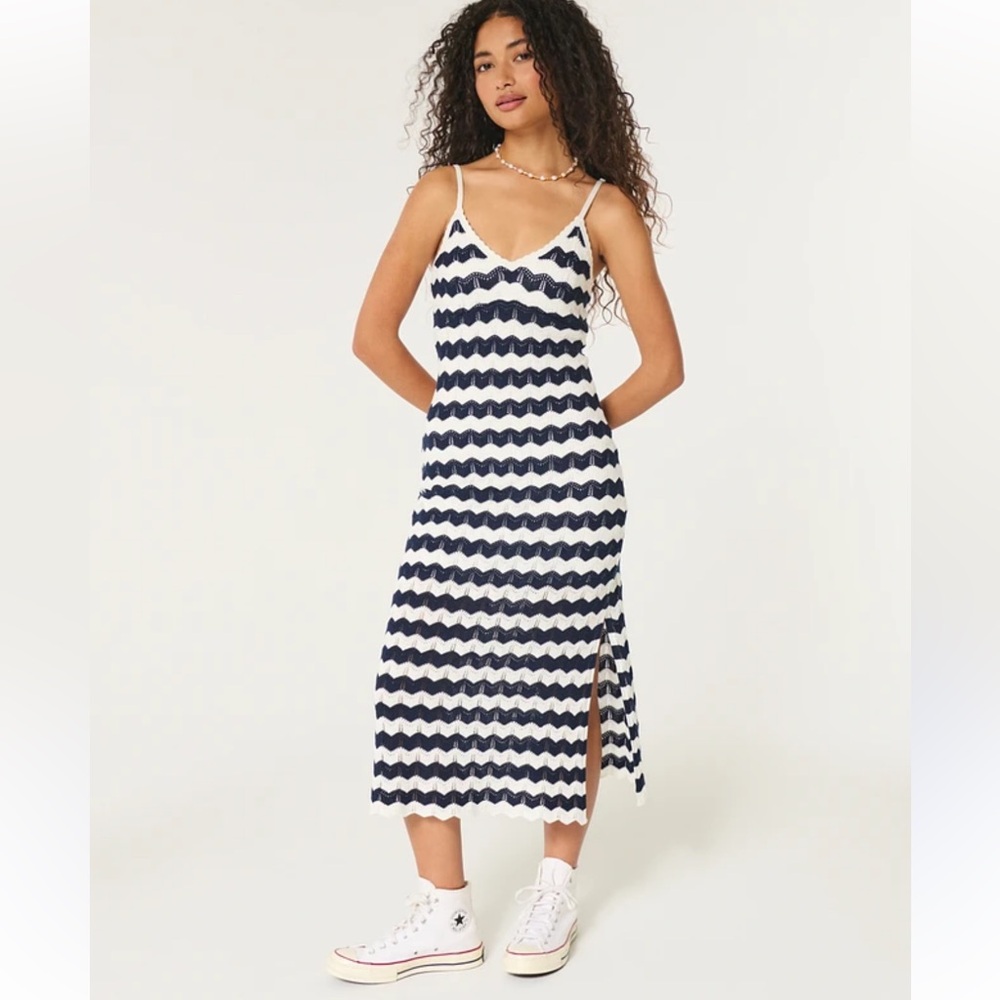 Hollister Navy and White Chevron Stripe Crochet Knit Maxi Tank Dress Size Large